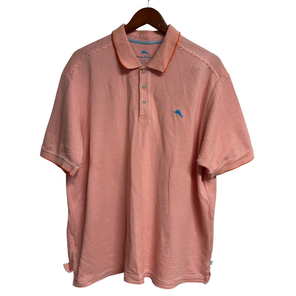 Tommy Bahama Orange White Stripe Polo Shirt Collar Men XL Supima Cotton EUC